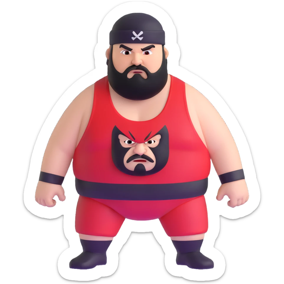 White skin fat guy with prominent black durag, black beard, black eyes in a red and black wrestling singlet with angry face sticker