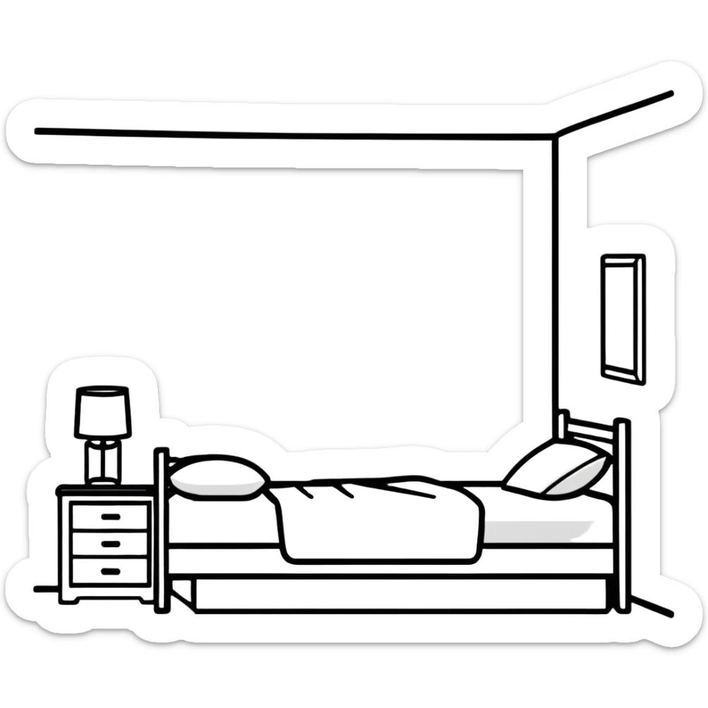 minimalist white teen bedroom with white vanity, white desk, white bed frame, and green plants sticker