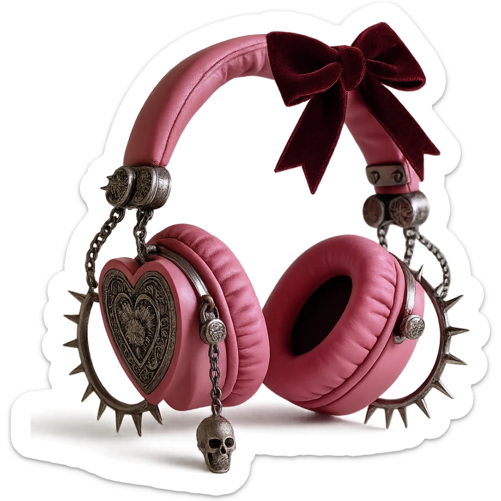Add spiked hoops, a dangling skull charm, and a velvet ribbon to the realistic pink gothic headphones with heart-shaped ear cups, metallic chains, and gothic engravings. Keep the background transparent. Maintain the realistic pink gothic style with metallic and velvet textures. sticker
