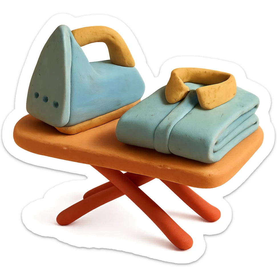 iron on ironing board with a neatly folded shirt, playful arrangement, pastel palette, claymation style sticker