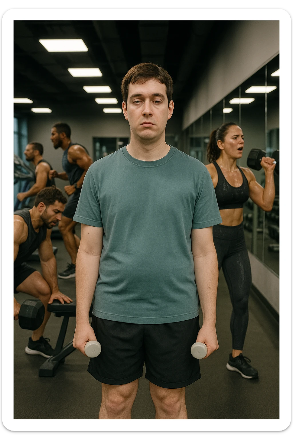 A man in a modern gym wearing sportswear, lifting very light dumbbells with a bored or uninterested expression. Around him, other athletes train intensely. His physique appears underdeveloped or without progress. The atmosphere is static with no visible sweat or effort, clean mirrors, and barely used equipment. Artificial gym lighting, clean environment, visually empty scene of effort. Vertical format. sticker