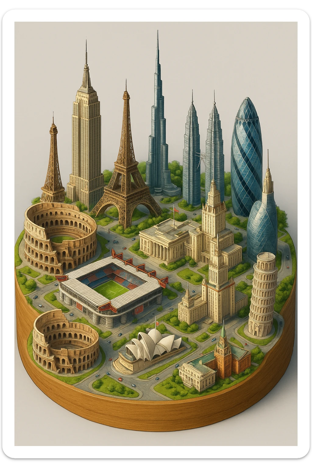 Оставь основу картинки - деревянную подставку, но при этом сгенерируй изометричная, яркая, детализированная и фотореалистичная иллюстрация где будет самые узнаваемые здания мира Эмпайр Стейт Билдинг, Эйфелева башня, Колизей, Сиднейская опера, стадион Сан-Сиро, Белый Дом Пизанская башня, здание МГУ, Бурдж-Халифа, Башни Петронас, Небоскрёб Фостера в Лондоне, Рейхстаг, Тайбэй sticker