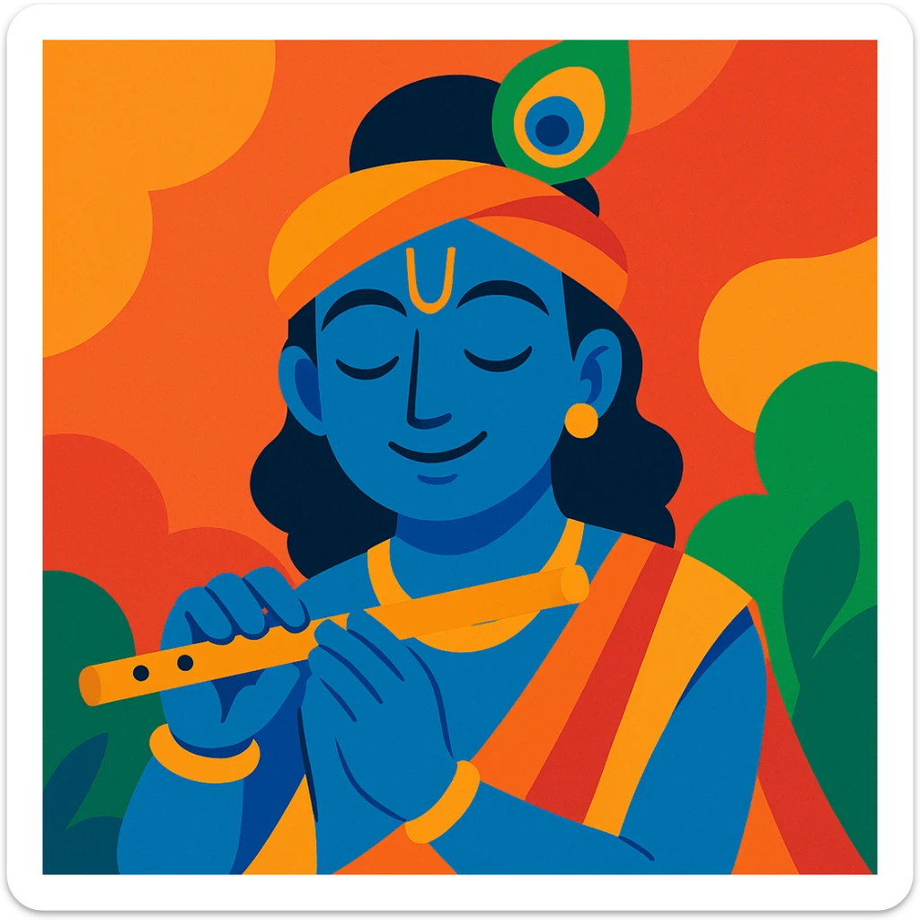 Krishna, the Hindu deity, with blue skin, peacock feather crown, gentle smile, in vibrant toon style, colorful and lively sticker