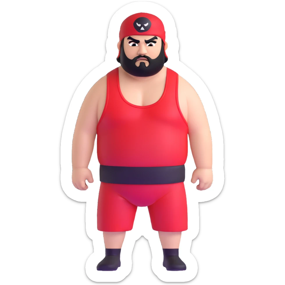 White skin fat guy with prominent black durag, short black beard, black eyes in a red and black wrestling singlet with angry face sticker