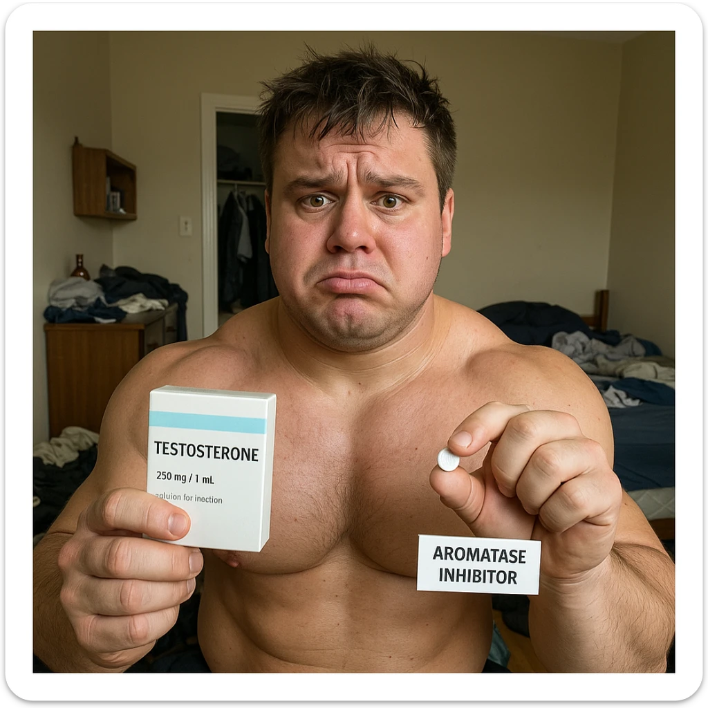 realistic muscular young man with puffy face holding box of testosterone and pill of aromatase inhibitor, worried expression, detailed, messy room background, 4K quality sticker