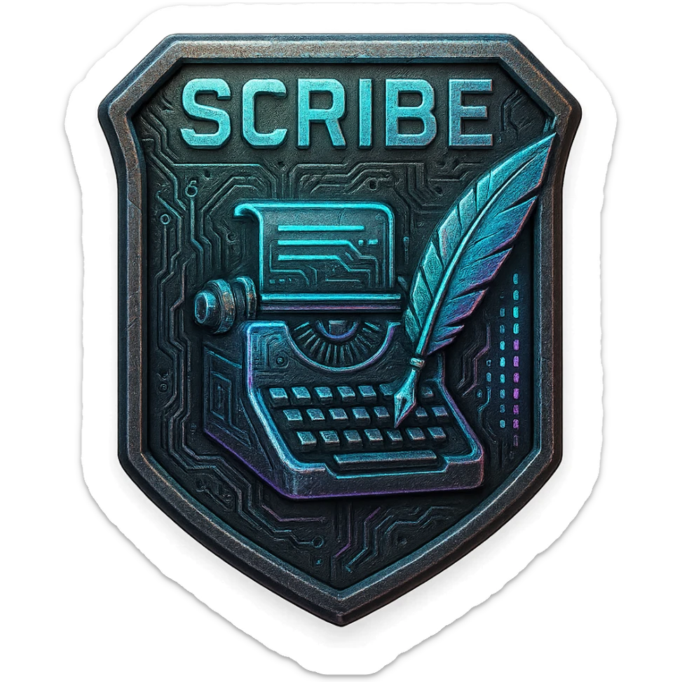 a metal insignia badge for a "scribe", space scifi-futuristic cyberpunk futurepunk sticker