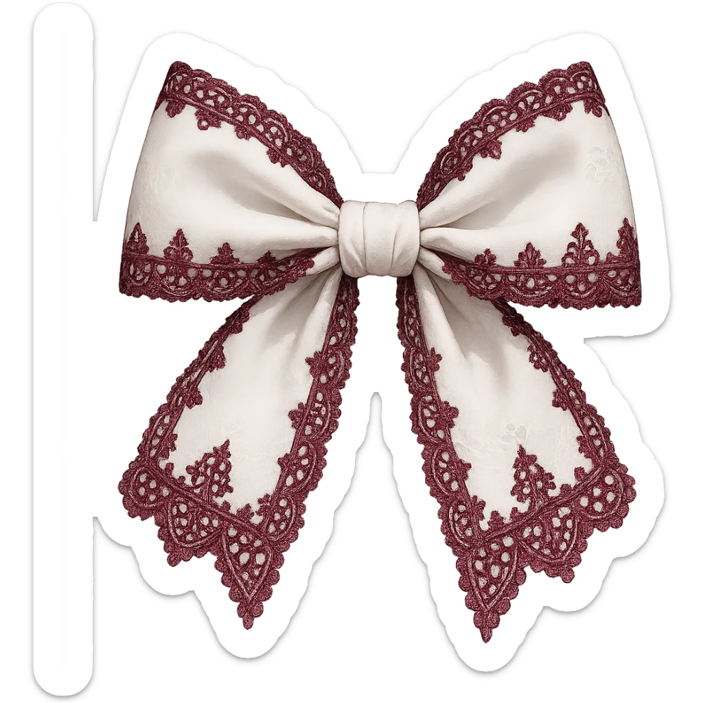 Edit the image to depict a white gothic bow with lace details and dark pink accents, in a general style. Remove the background. sticker