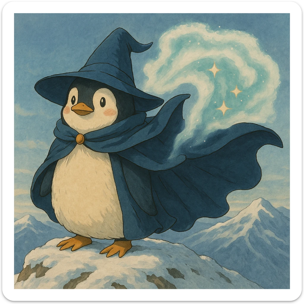 Place the ghibli style penguin wizard on top of a snowy mountain, keep the magical aura and flowing cape, match original lighting and mood sticker