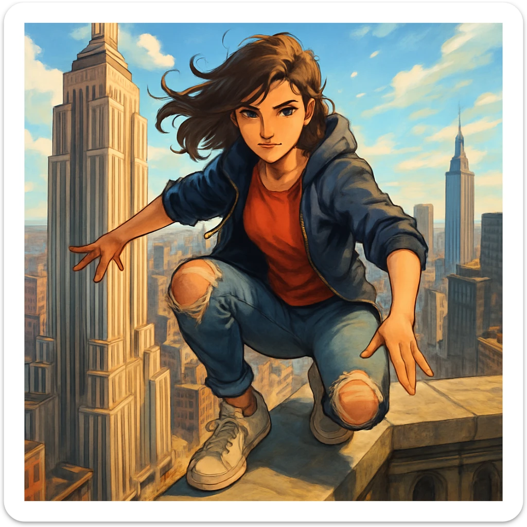 a confident girl squatting on the Empire State Building, urban setting, energetic pose sticker
