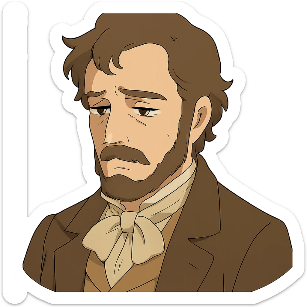 ghibli style face of an 1800s person with a solemn, reflective expression, remembering the Alamo, no background sticker