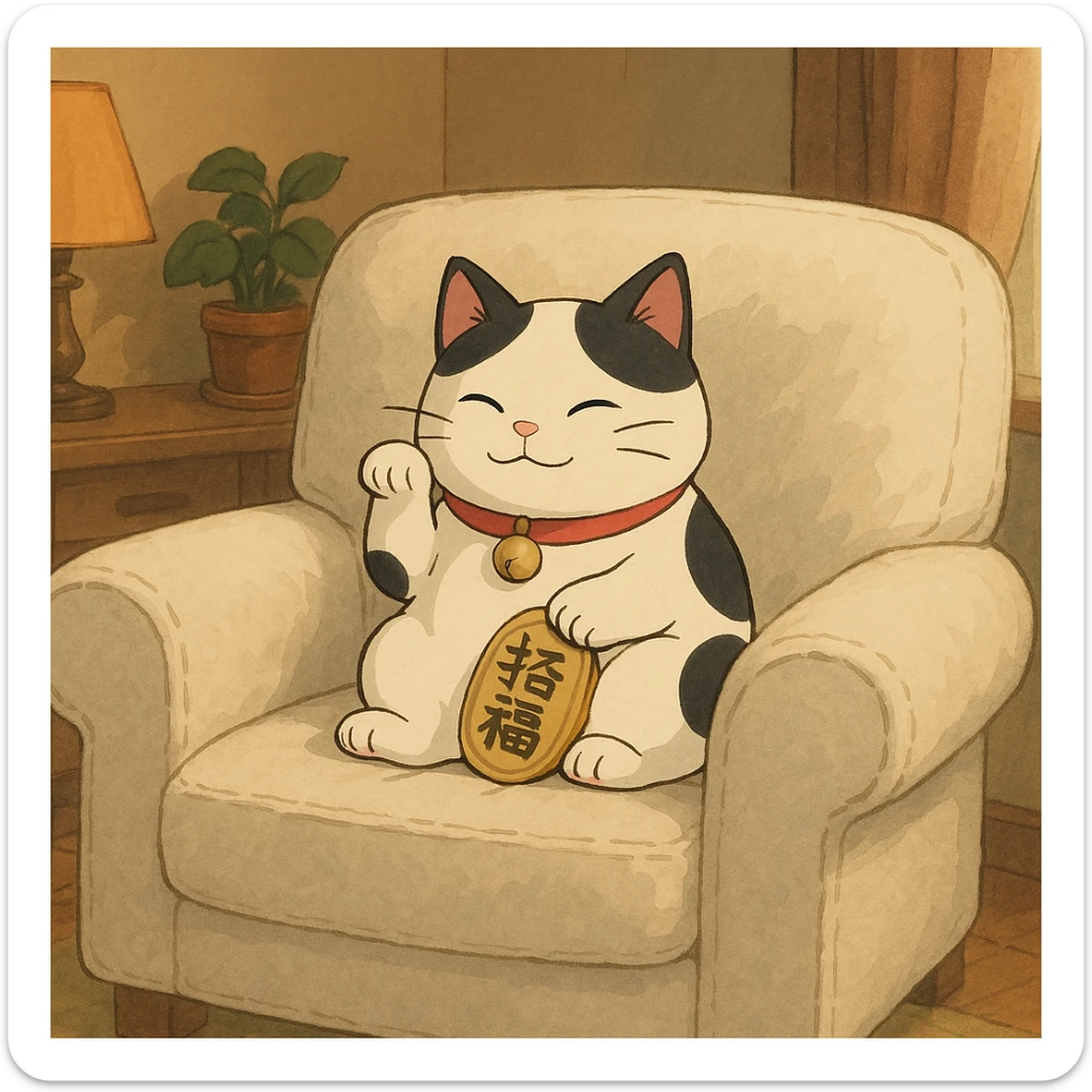 White and black Chinese lucky cat on a cozy white armchair  sticker
