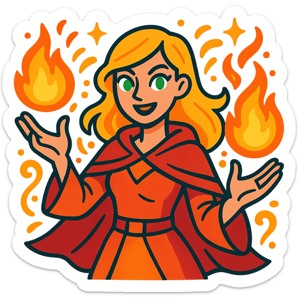 blonde woman with green eyes holding fireballs in her hands, surrounded by magical effects, vibrant toon style sticker