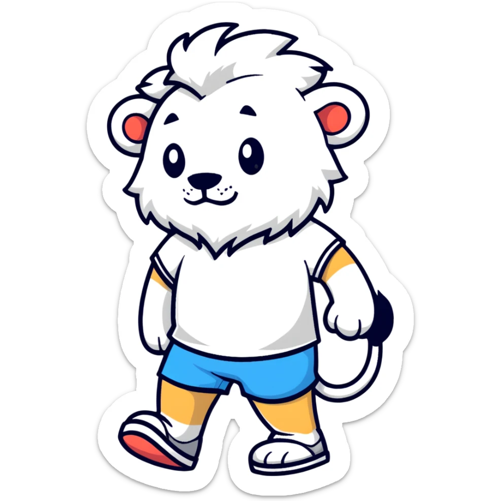 retro 1930s anthropomorphised lion in a t-shirt and shorts walking, grayscale sticker