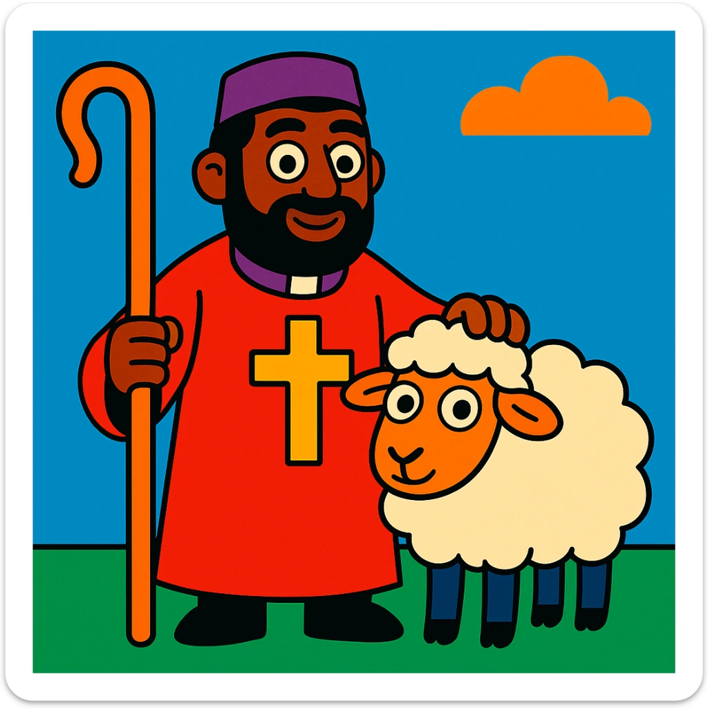 pastor con oveja, estilo cartoon vibrante, colores vivos, fondo simple sticker
