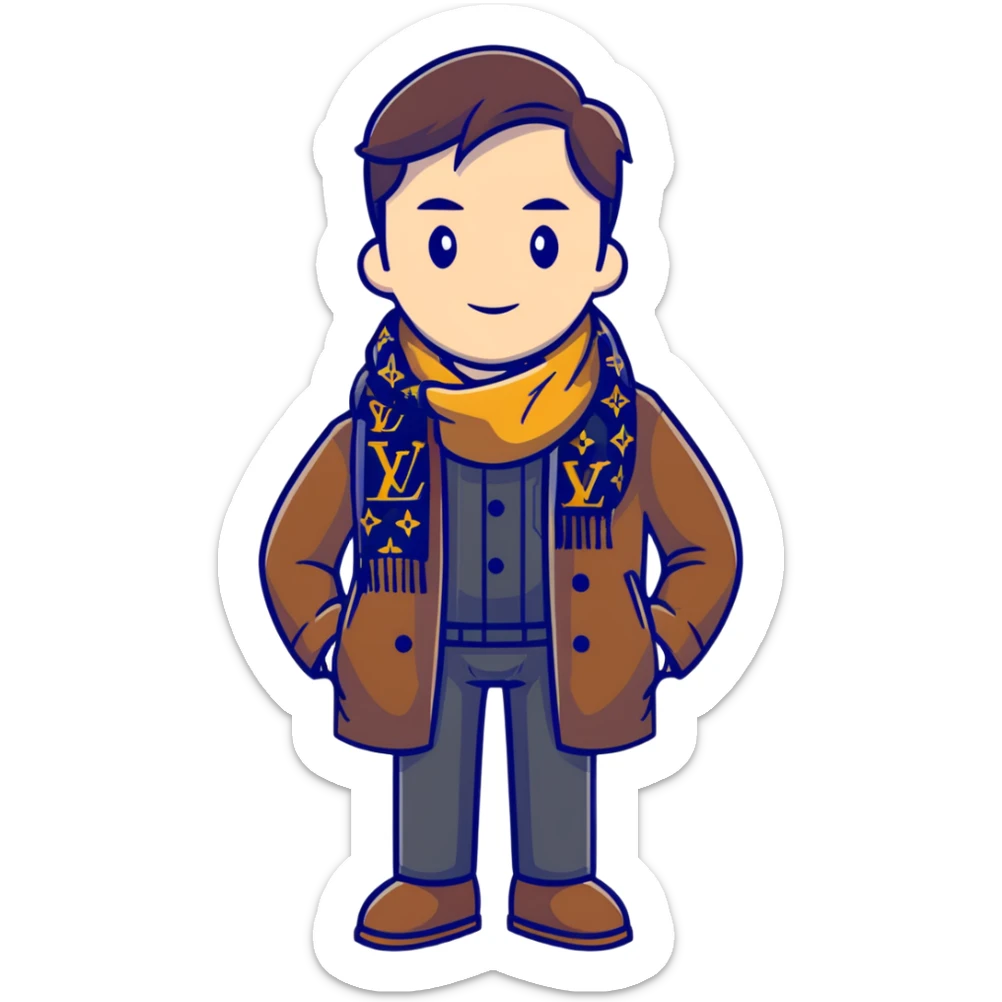 elegant man wearing Louis Vuitton coat and scarf with the iconic LV monogram sticker