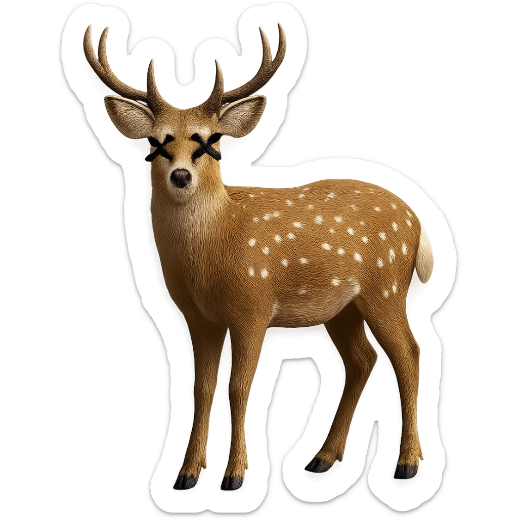 Overlay cartoon X's on the eyes in the exact same style and position as the deer image, referencing the deer for the X style. Keep everything else 100% identical—pose, style, lighting, and details. Make the background transparent. sticker