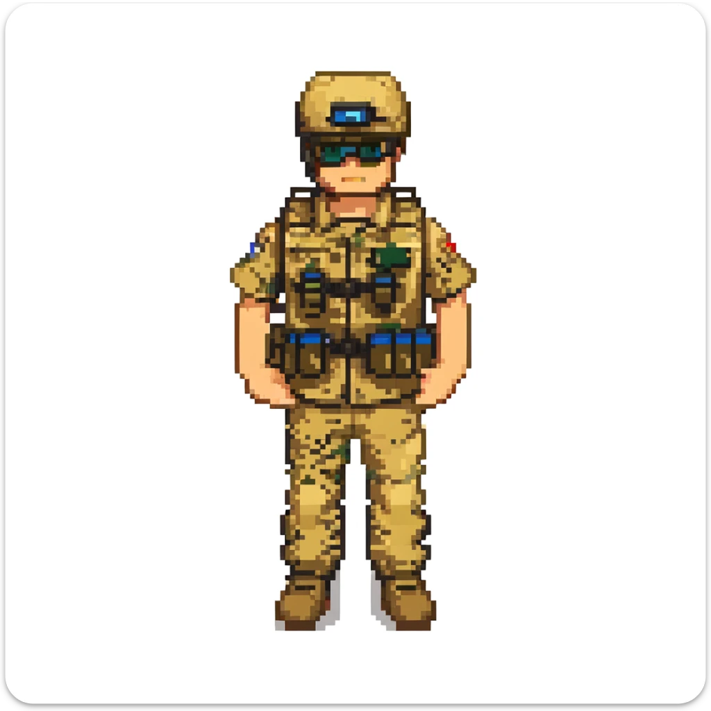 roblox military man, blocky style, desert camo uniform, tactical vest, holding binoculars, plain background sticker