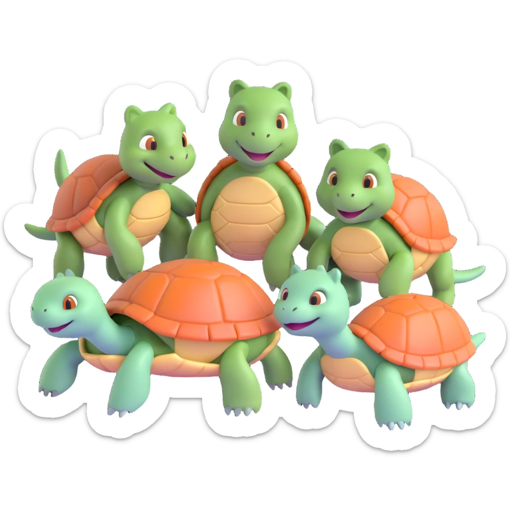 cartoon style emoji showing four turtles together, two regular turtles and two cat-turtle hybrids sticker