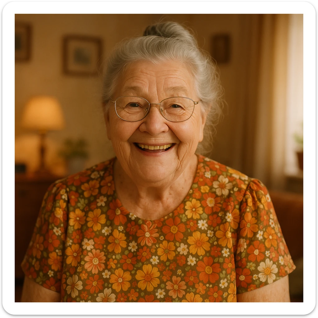 grandma with gray hair in a bun, floral dress, cheerful expression sticker