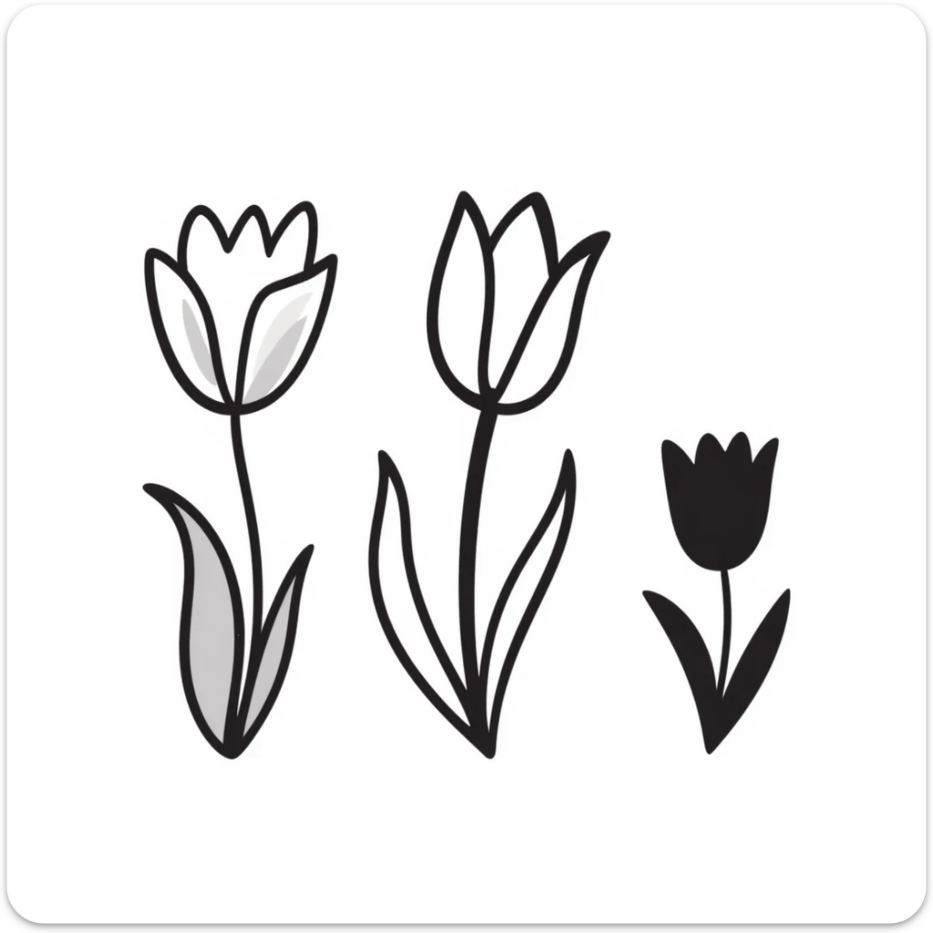 Tulip flowers with stems and leaves in pastel colors (dd9fb0, ffc6d3, a3bfc9, c4bee2, f1b091), hand-drawn doodle style sticker