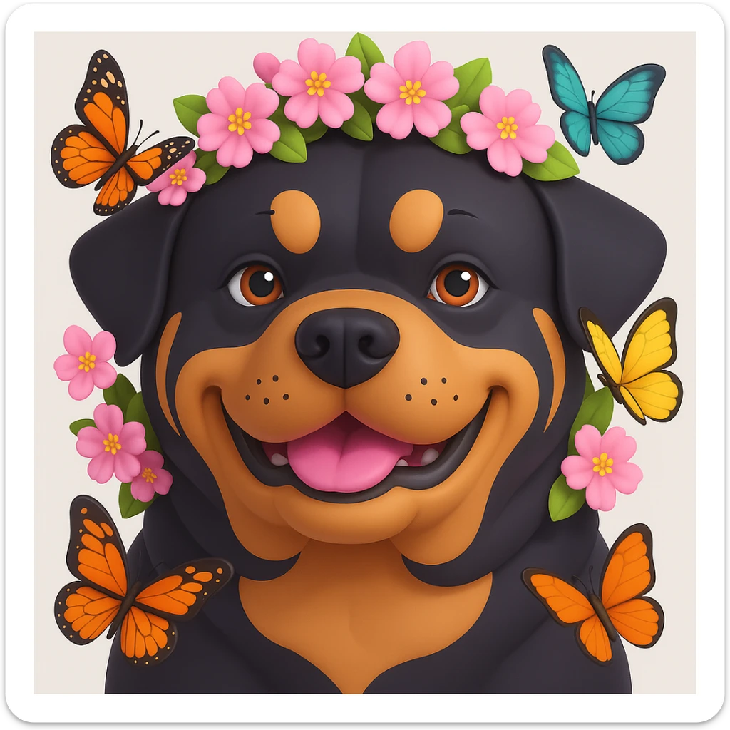 Add butterflies fluttering around the rottweiler with a cherry blossom flower crown, keep the original style and colors 3d-emoji style sticker