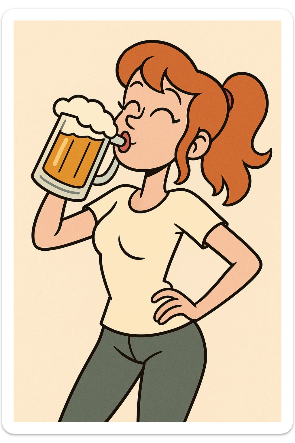 ginger-haired girl drinking beer, playful pose, cartoon style, bold outlines sticker