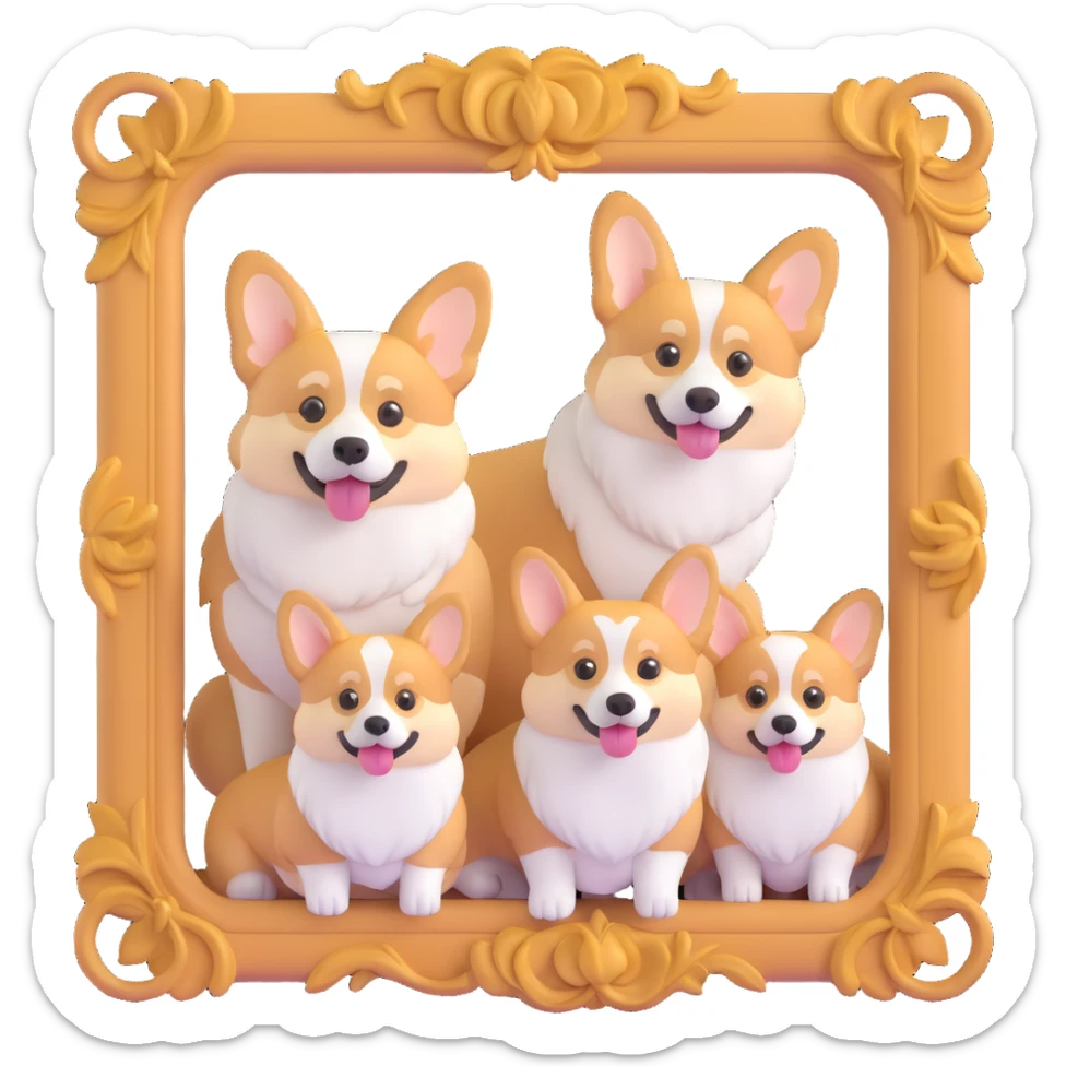 corgi family posing together for a family photo inside a decorative picture frame sticker
