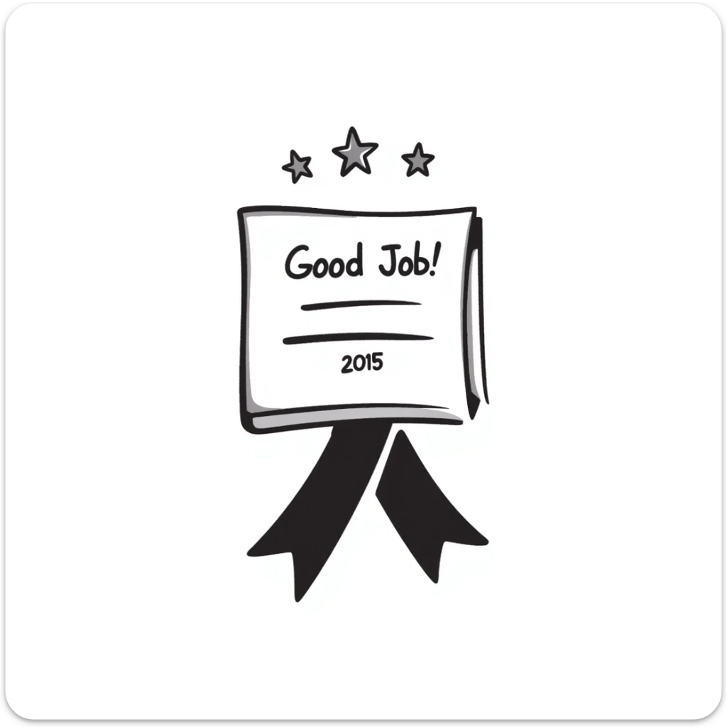 Award certificate with ribbon, "Good Job!" text, and shining stars in the corners sticker