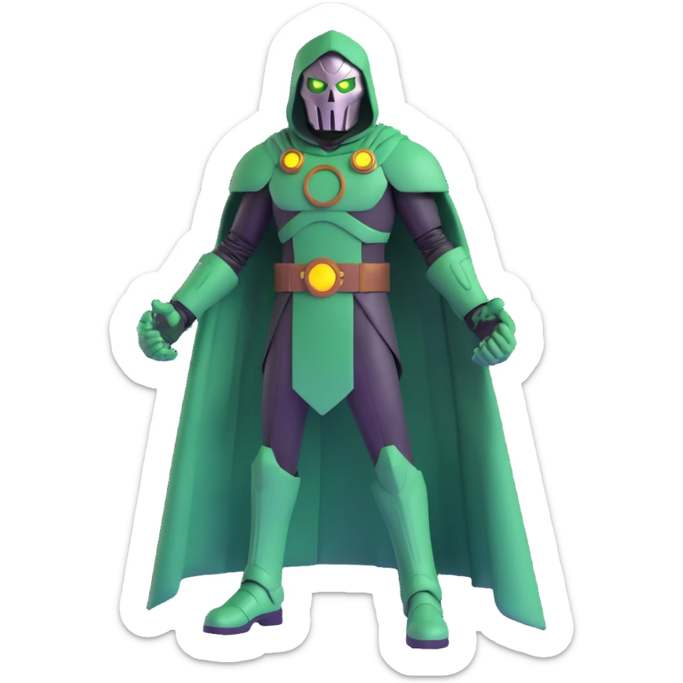 Doctor Doom standing tall with glowing green eyes behind his metal mask, full body view sticker