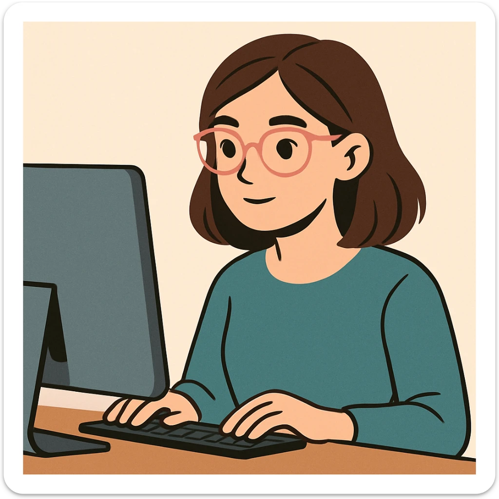 woman with light pink glasses working on computer, light skin, brown hair, modern digital illustration style, simple background sticker