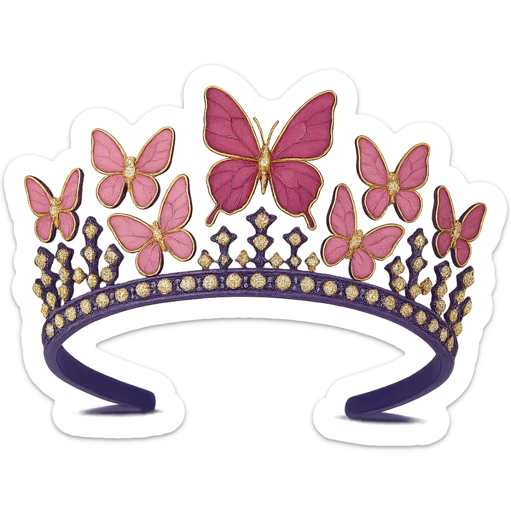 Update the butterfly crown to have a purple base, keep the vibrant pink enamel butterflies and sparkling gems, with no background. The style should maintain the original look of the butterfly crown. sticker
