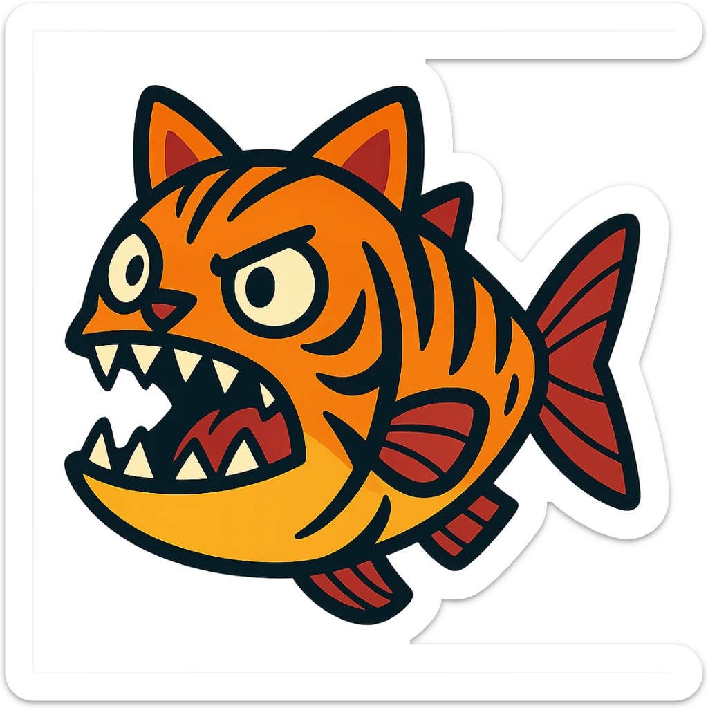 piranha with tiger stripes and feline ears, cartoon style sticker