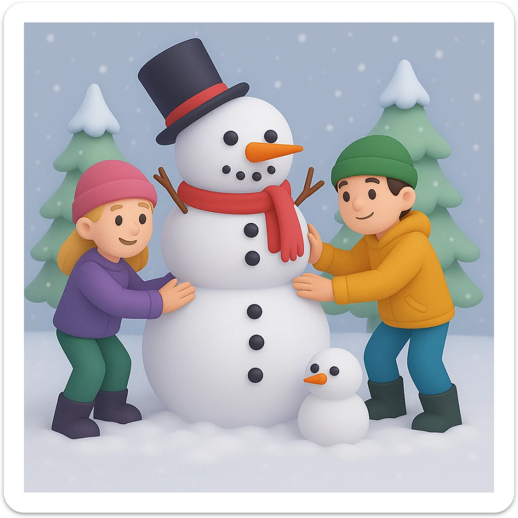 Show two different kids (different hair and clothing colors) building a snowman in a snowy background, keep the 3D emoji style sticker