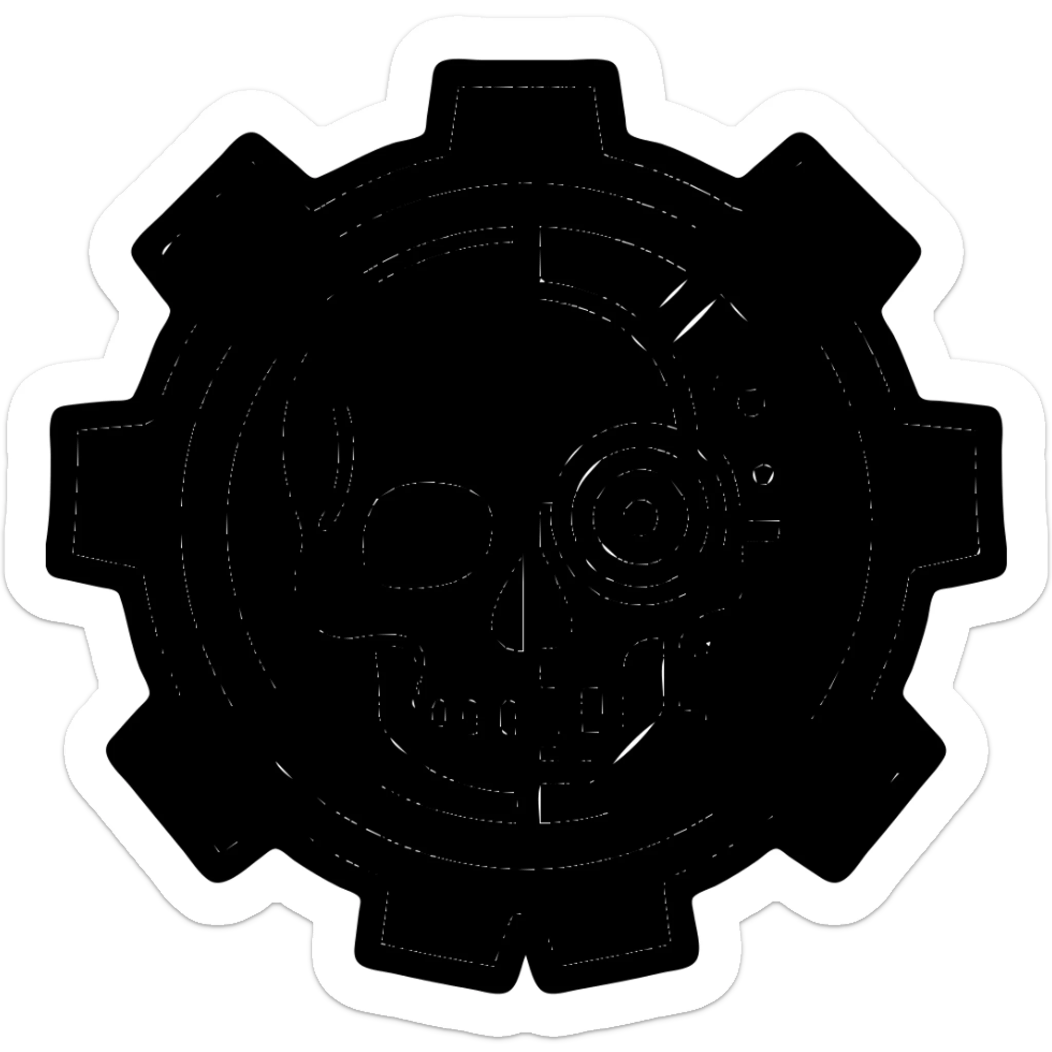 Add red and black color to the Adeptus Mechanicus logo, keeping the cyborg skull and cogwheel design, bold and iconic style, preserve transparent background, sharp lines, logo style. sticker