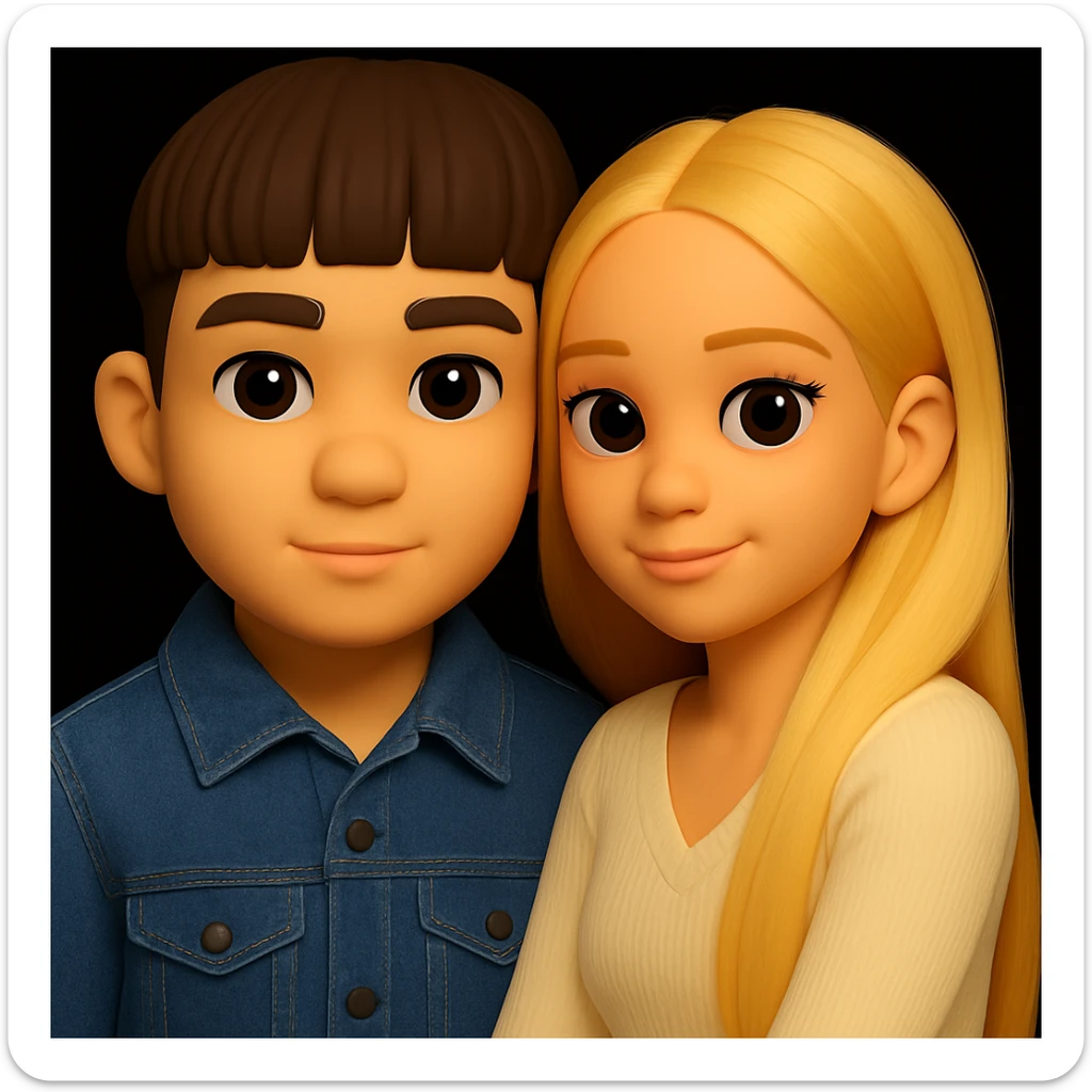 Change the boy's outfit to a denim jacket, keeping the 3D emoji style unchanged. The girl should remain the same. Maintain the microsoft style 3d fluent emoji look. sticker