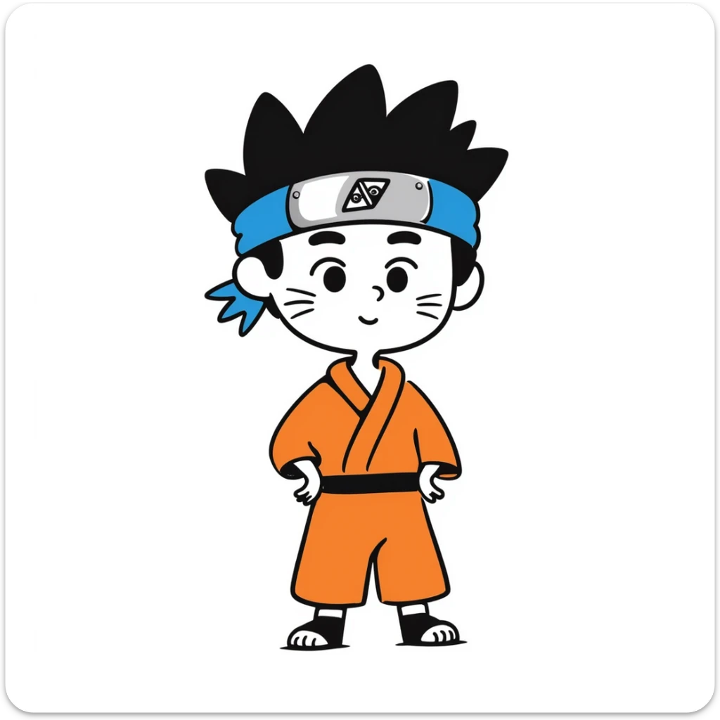 A blonde ninja boy with spiky hair, whisker marks on cheeks, orange outfit, and blue headband with metal plate sticker