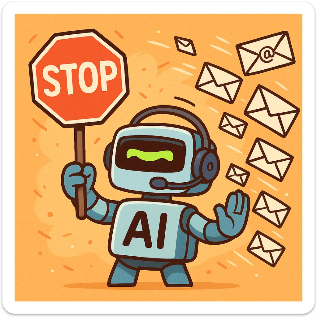 A cartoonish AI email bouncer, with a visor and headset, holding a stop sign in front of a stream of flying emails, playful and techy sticker