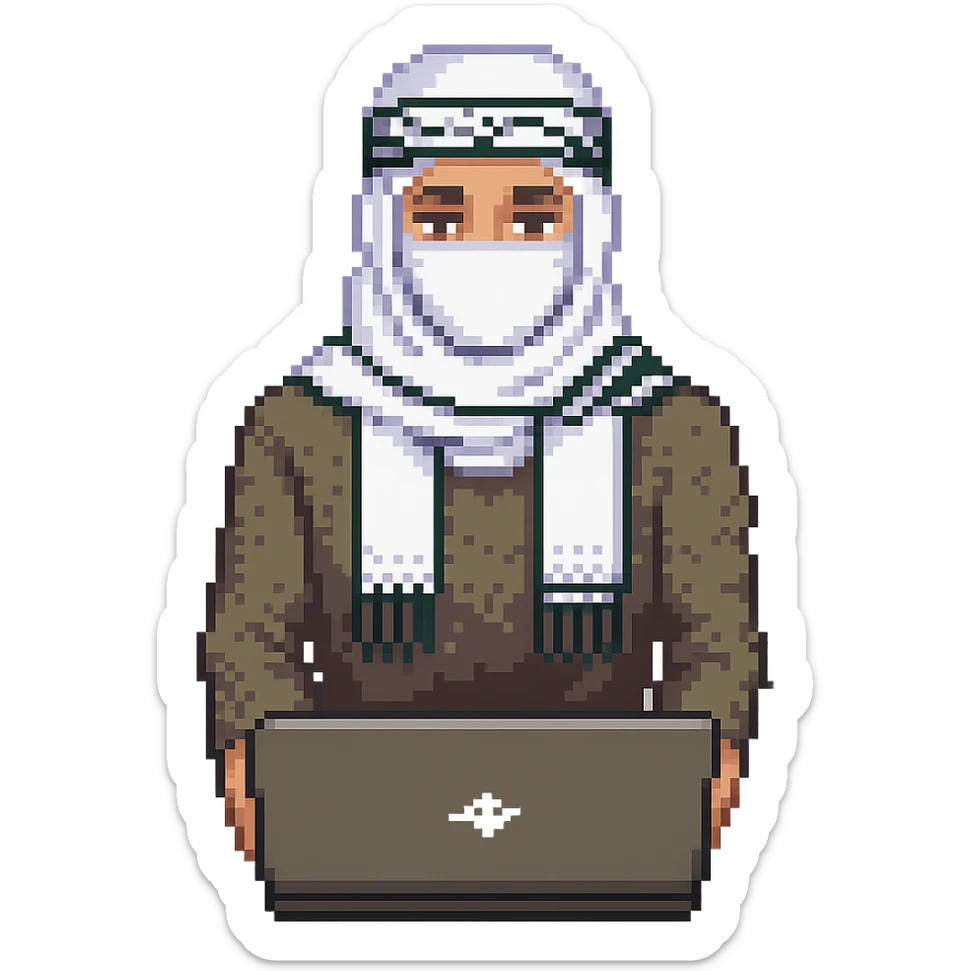 Create a pixel art style image of a man who is a Palestinian person with a laptop, wearing a keffiyeh scarf. The background should be removed, focusing on the character and the laptop. sticker