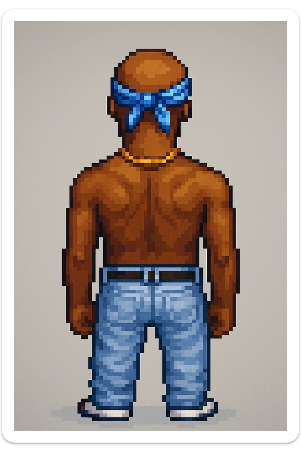2Pac in the style of pixel art, back view, with a gold chain sticker