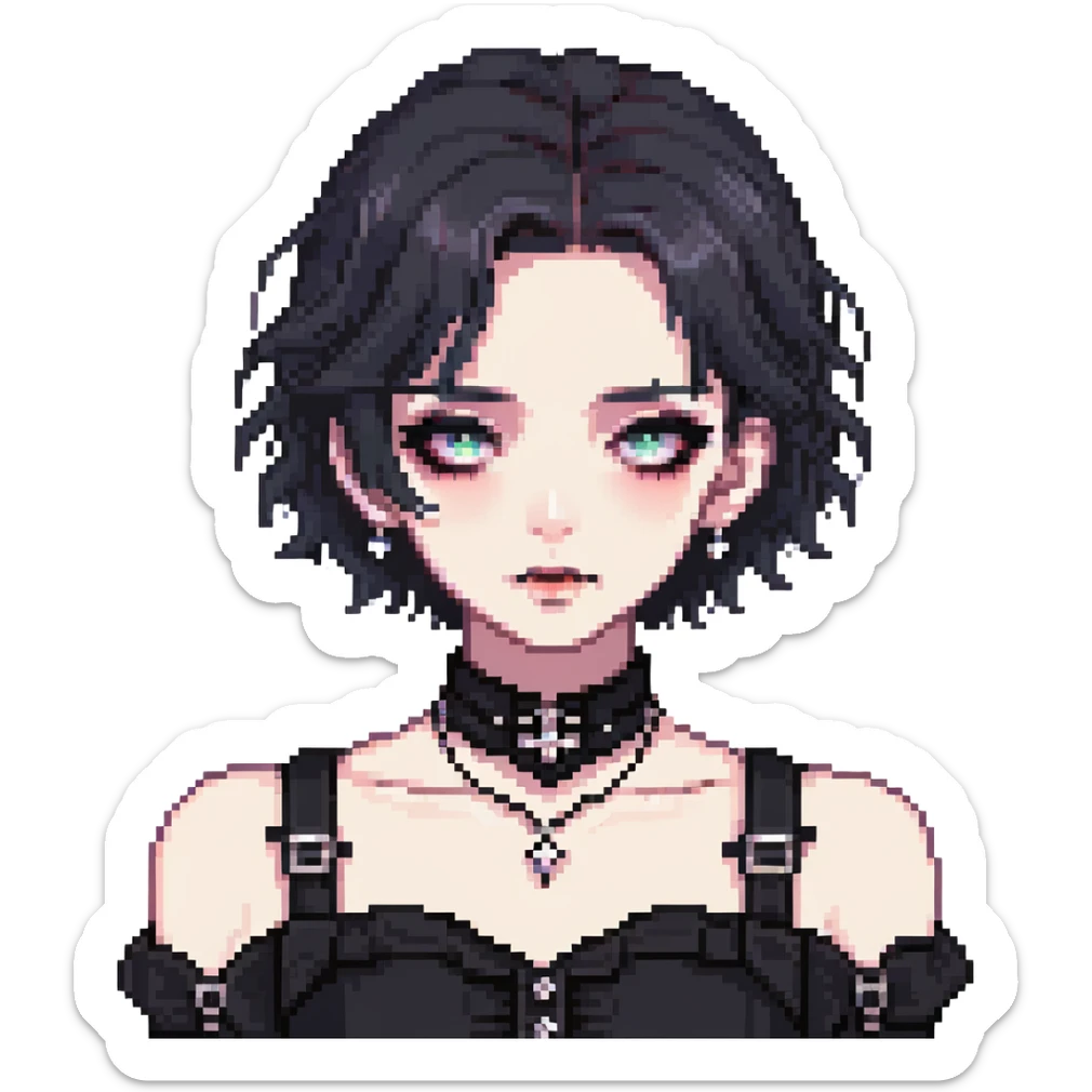 gothic femboy with wide shoulders, small chest, dark clothes and makeup sticker