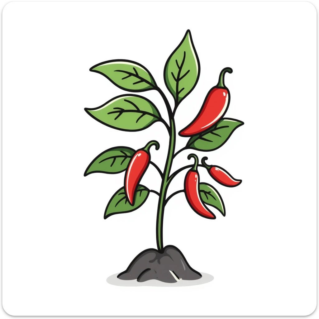 Hand drawn pepper plant with green leaves and red chili peppers sticker