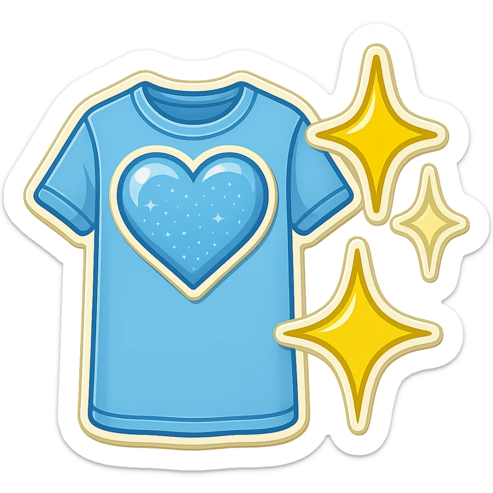 Edit the light blue t-shirt emoji in the exact style of the provided reference images. Place the sparkles outside the t-shirt, not on it. Keep the background transparent. sticker