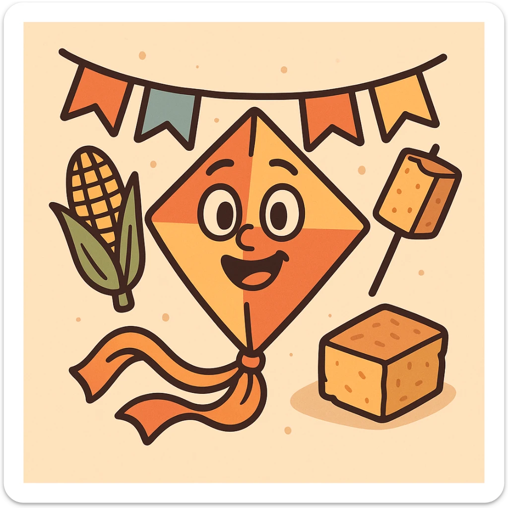 festa junina icon with a cheerful face, bunting, and traditional foods, flat icon style sticker