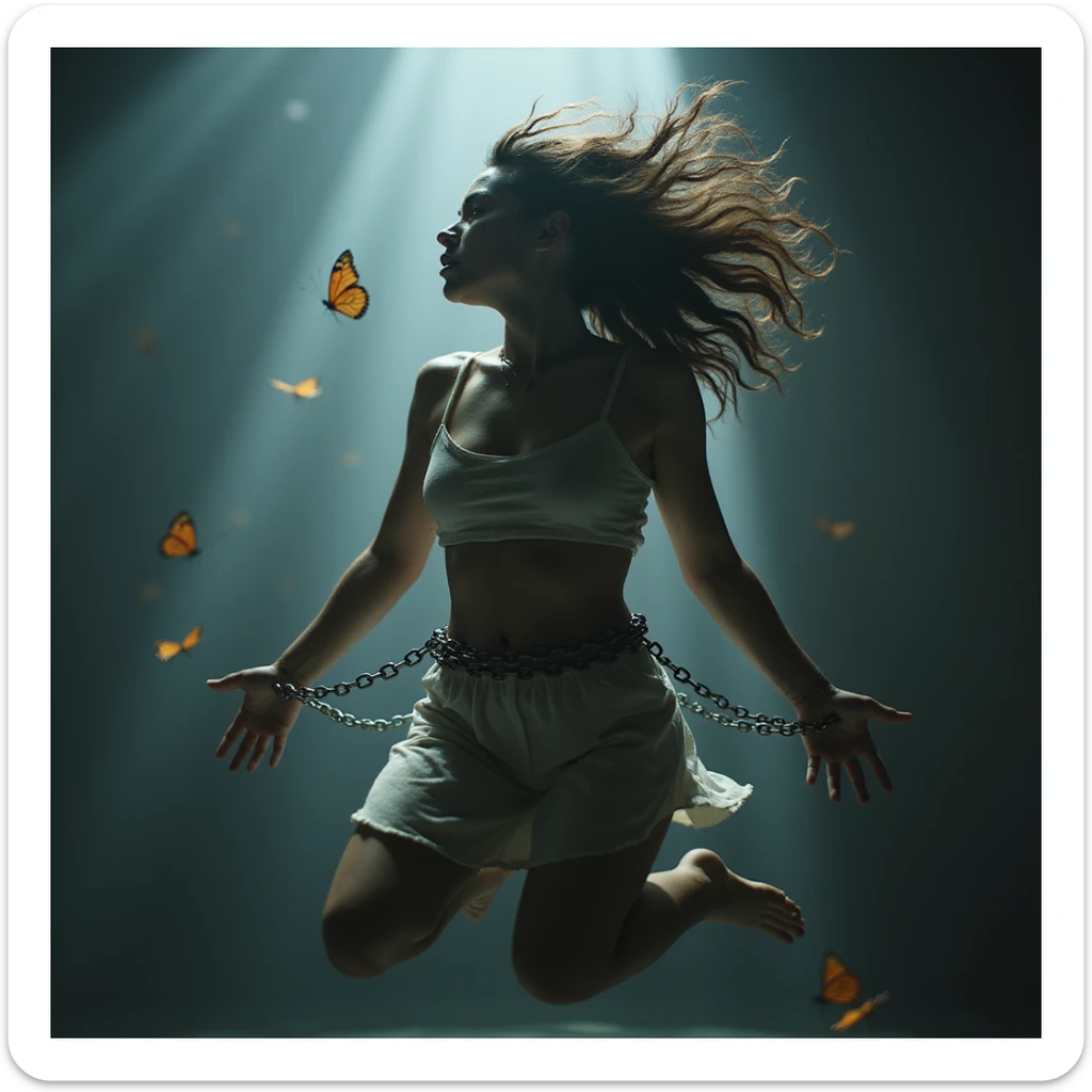 A hyperrealistic 4K image of a woman floating with wild and tense hair, chains of anxiety binding her limbs, anxious and desperate expression, butterflies unable to escape, dramatic lighting, scene full of anxiety. sticker