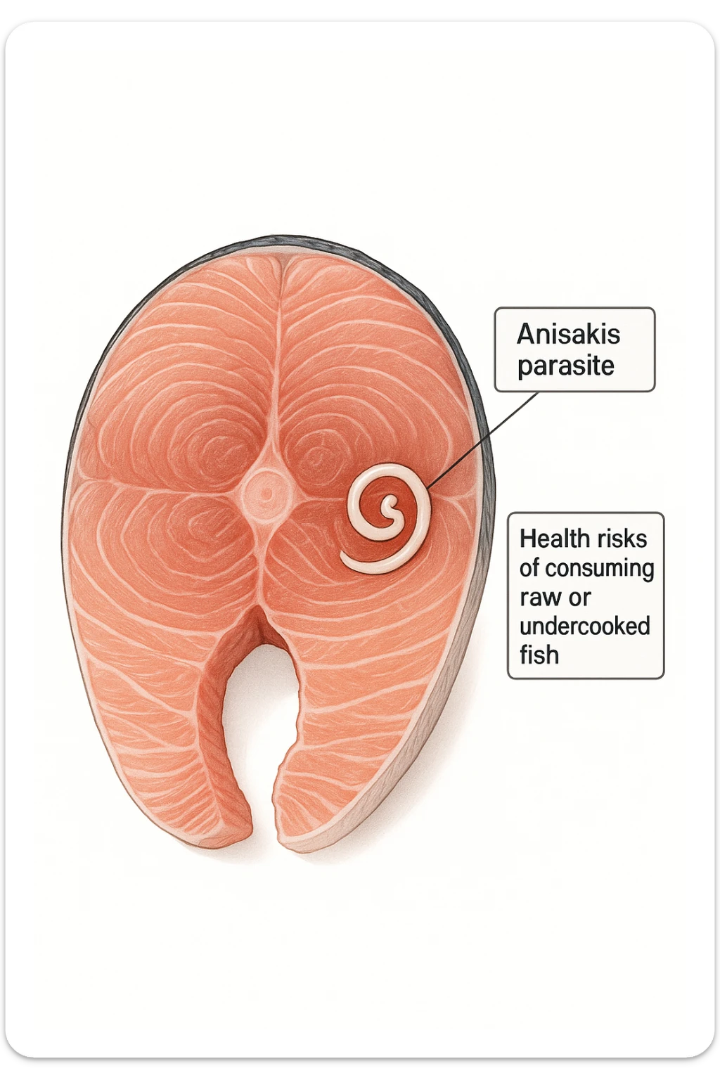 a close-up cross-section of a raw fish fillet, showing a white, coiled Anisakis parasite embedded in the muscle tissue. The parasite is clearly labeled, and the surrounding fish tissue is rendered in detail. The background is clean and white, with educational callouts explaining the risk of consuming raw or undercooked fish. sticker