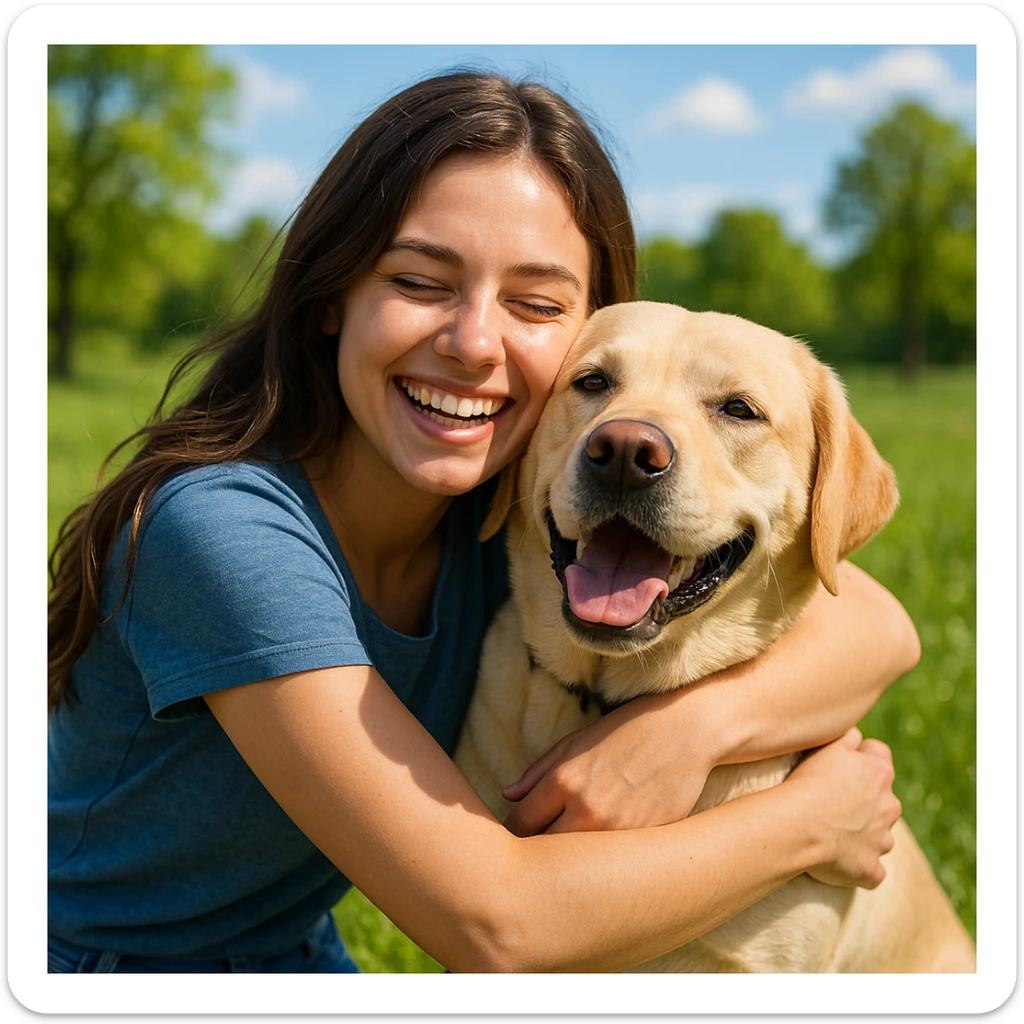 brunette girl hugging a yellow labrador dog, cheerful atmosphere, bright and happy outdoor environment sticker