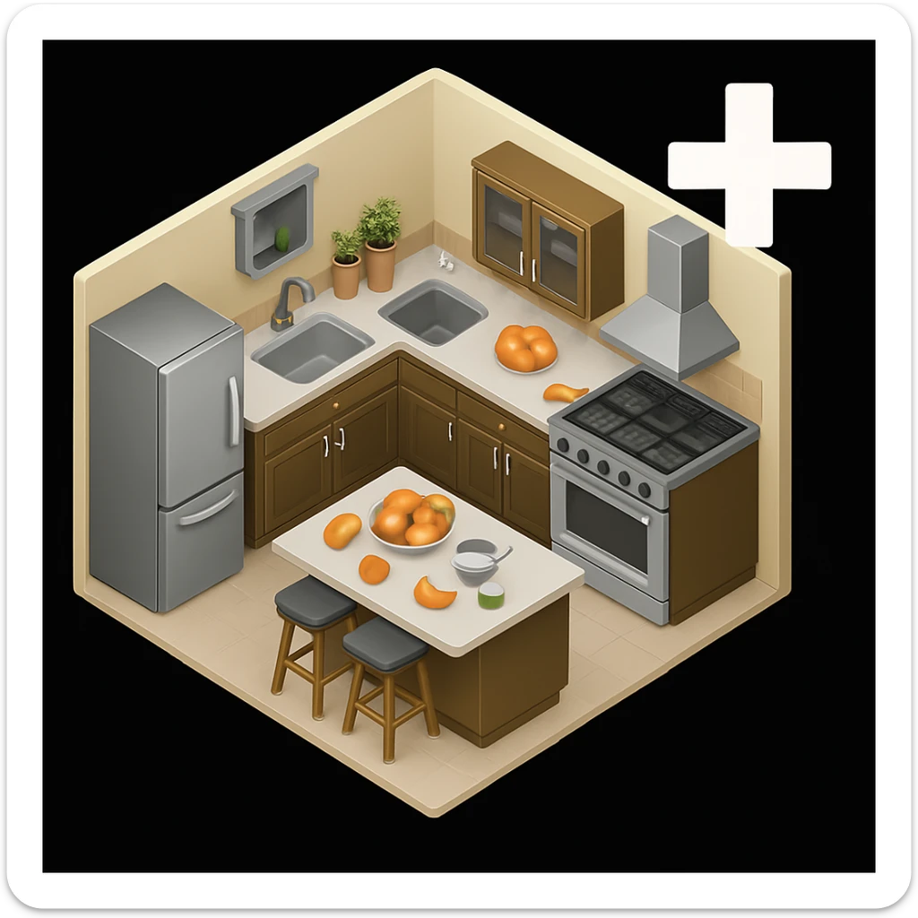 Change the color of the plus (+) symbol in the top right corner to white, keeping the rest of the kitchen emoji unchanged, in a style consistent with the original kitchen emoji. sticker
