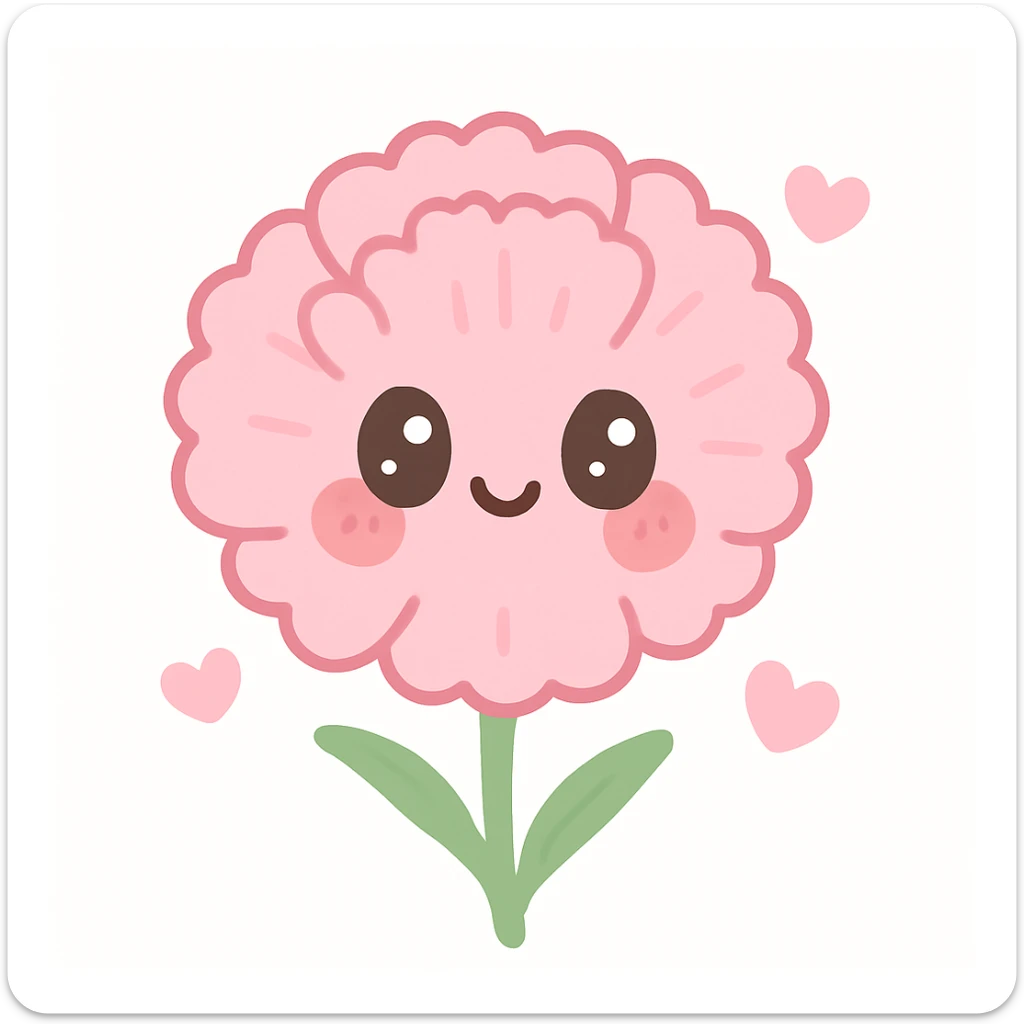 kawaii style carnation flower, big eyes, blushing cheeks, pastel pink petals sticker