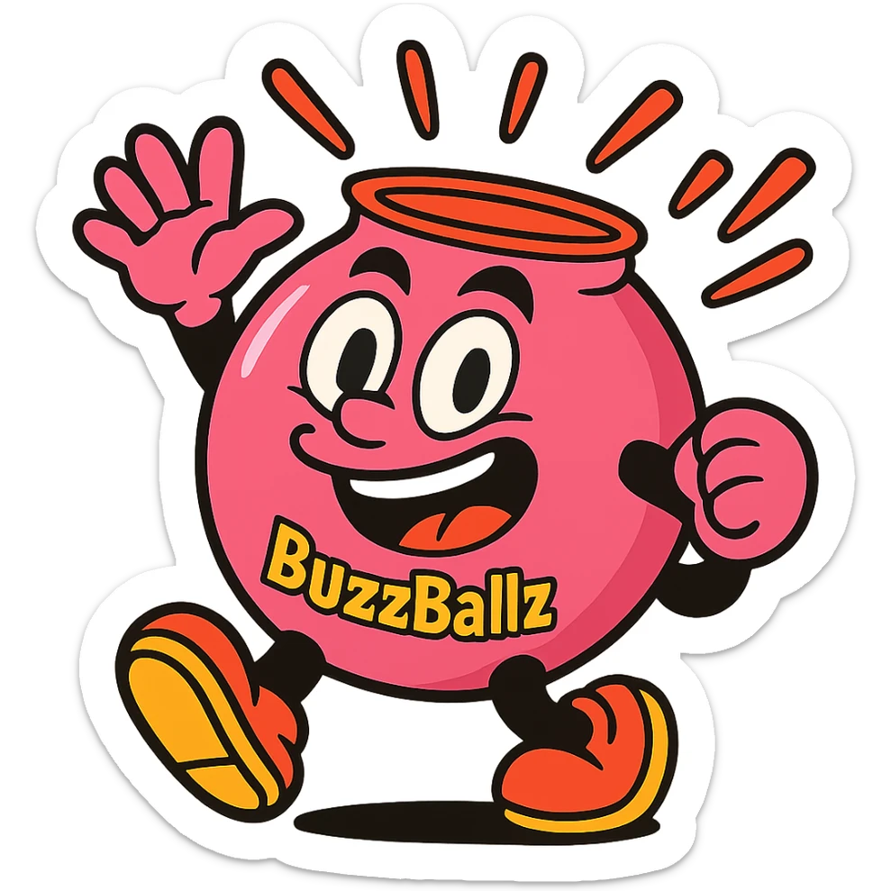giant pink BuzzBallz, cartoonish and fun, radiating excitement sticker