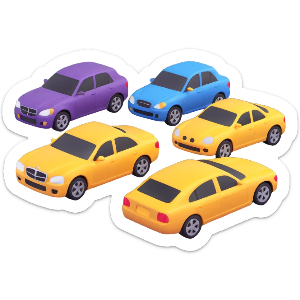 four cars together, detailed and realistic but still stylized, 3d emoji style sticker